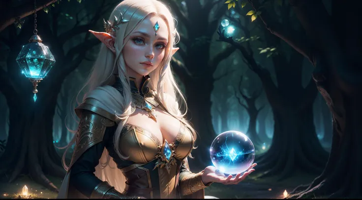 1 beautiful female high elf is holding and looking at a luminous crystal orb, elfic forest in the background, depth of field, glowing lights, fantasy theme, night, dynamic composition, ultra definition, ultra resolution, intricate details, volumetric light...