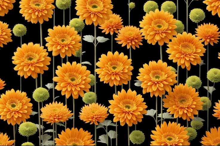 floral patterns， Red chrysanthemum， Yellow chrysanthemum，Orange chrysanthemum， white backgrounid，