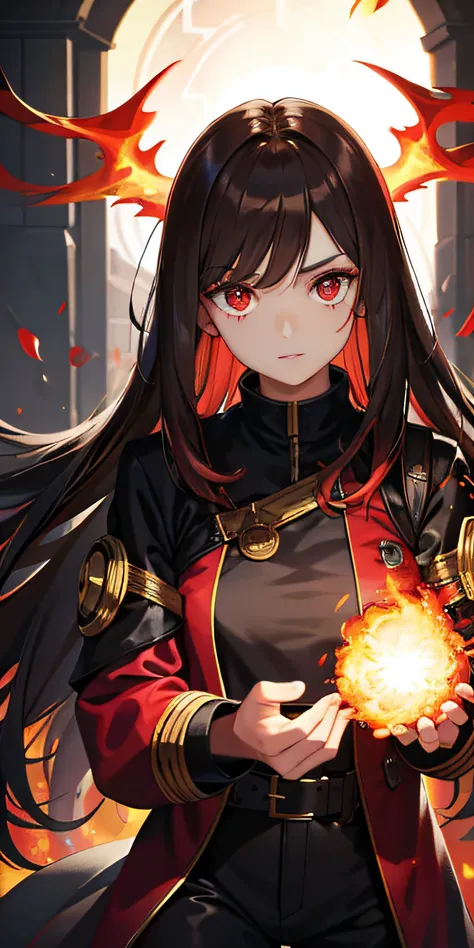 1girl,brunette color hair,red - eyed,Fire Witch,Blood,light particules,