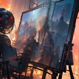 (masterpiece, best quality, highres, absurdres, detailed:1.2), humanoid, robot, wearing headphones, looking away, (cyberpunk, art canvas, paint brush, easel, iridescent, holographic: 1.6), (cables, wires, flames, fire, smoke, overheat, explosion, indoors, ...