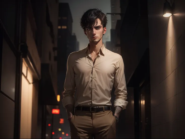 Ultra realistic 8k image of slim 25 year old male, short black hair, extremely detailed eyes, dressed in a beige button-down shirt and beige pants, eyes squinted, standing in a dark, empty night alley, dirty, pained expression, sweating , night