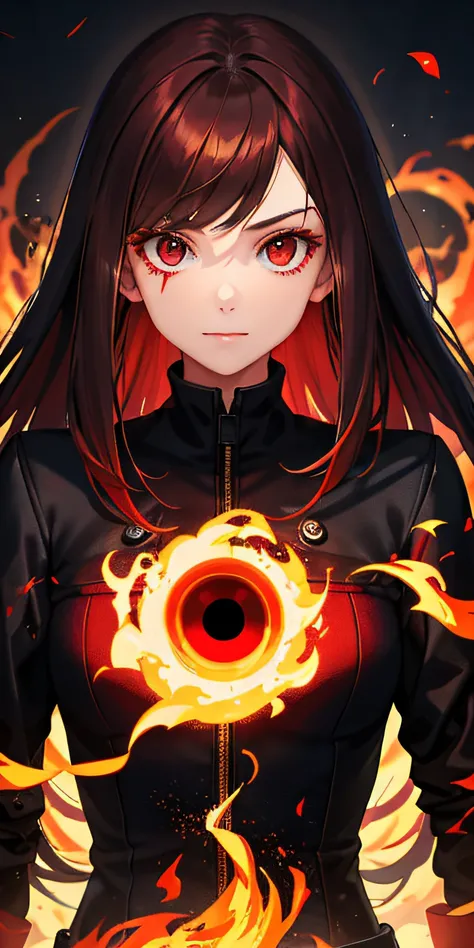 1girl,brunette color hair,red - eyed,Fire Witch,Blood,light particules,