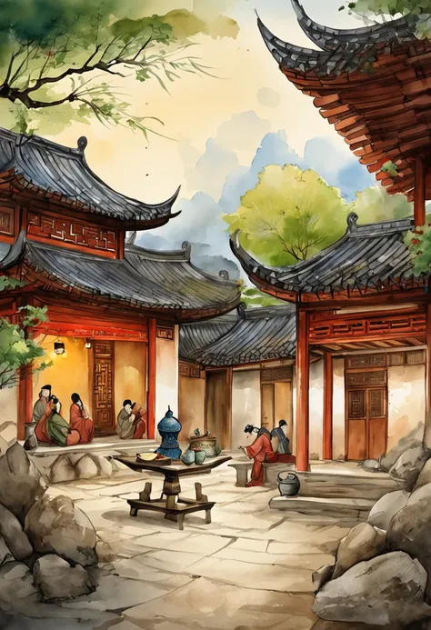 The wide courtyard in the village house of the Tang Dynasty men gathered to eat，Drink bleak colors during the day sun