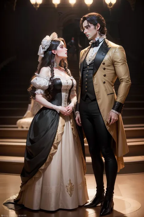 The play "The Marriage of Figaro" is on stage, {on the stage (1 full-length actress as Countess Almaviva), (1 full-length actor as Figaro), (1 full-length actor as Count Almaviva)}, (((in full height::))), High :: Detail ::, The style of romanticism, rococ...