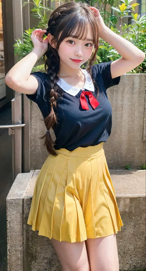 ​masterpiece, top-quality, Hi-Res, CHI1, 1girl in, length hair, Braids, Single-sided up, 独奏, Yellow skirt, Red ribbons, Blue shirt, Yellow pleated skirt, bangss, Ribbon around the neck, Puffy Short Sleeves, Schools、 A smile,