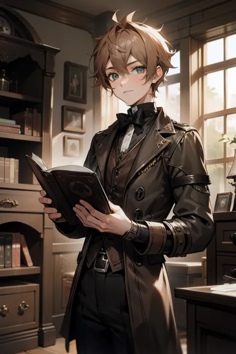 male people　twinks　{{ember}}　Office　steampunc　read a book　silber hair　Eyes are green　plush bookcase　plush furnishings