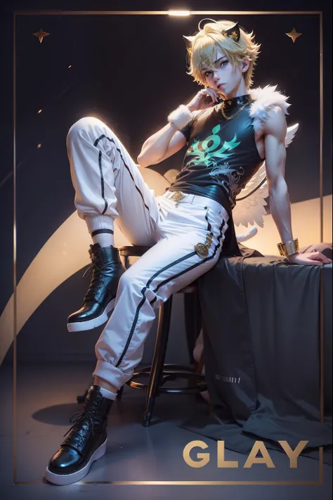 anime style, anime teenage boy, fullbody, shy pose, blond hair, green eyes, siting on chair in karaoke bar, gold demonic horns, white big angel wings, cat tail, microphone