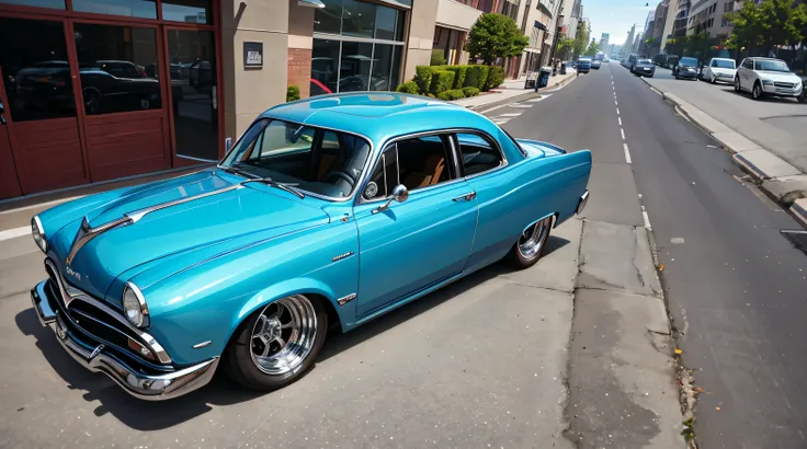 1950 Plymouth Business Coupe Chopped hot rod custom BLUE parked in a parking lot with other cars, lowrider style, swagger! lowrider culture, lowriders, wide body, classic chrome, classic cars, classic car, (smoke), hyper detailed!!, taken in the early 2020...