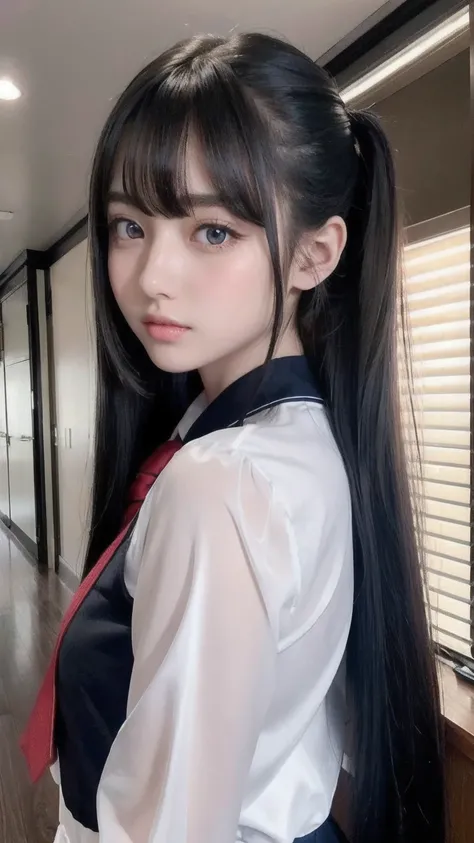 portlate、School Uniforms、bright expression、poneyTail、Young shiny shiny white shiny skin、Best Looks、Reflected light of black hair、Black hair with dazzling highlights,、Super long silky straight hair、Beautiful bangs that shine、Glowing crystal clear attractive...