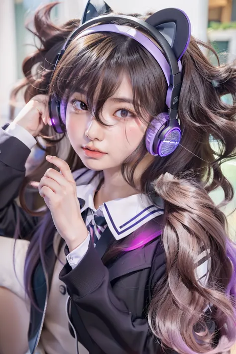 25 years old girl, dynamic camera angle, realistic skin, realistic hands, perfect hands, action lines, high resolution, school Girl with animal ear headphones on, long curly hair, purple eye, beautiful face, glowing skin, shool uniform