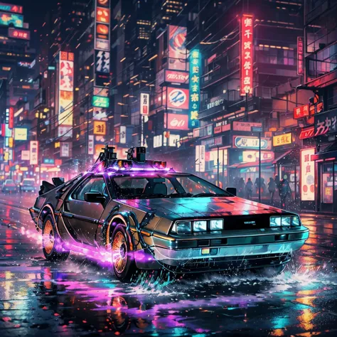 drifting delorean time machine in nighttime tokyo setting, steam vents on back, wet reflective floor, dim glowing neon tokyo lights and signs, kanji, background motion blur