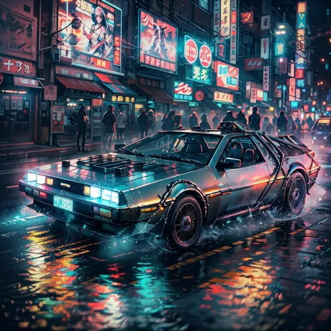 drifting delorean time machine in nighttime tokyo setting, steam vents on back, wet reflective floor, dim glowing neon tokyo lights and signs, kanji, background motion blur