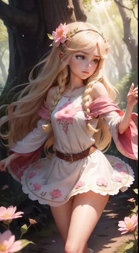 masterpiece, best quality, 1girl, barbie, blondie, pink flower petal, dnd, druid, sorcerer, wind, long hair, cute, petite, extremely delicate, dot art, dance, flower field, tree, sunray