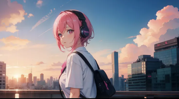 ​masterpiece、top-quality、Movie stills、1girl in、gotou hitori， gotou1，animesque、Pink shorthair、Pink hair、eyes large、singers、illustratio、tshirts、skirt by the、microphone、headphones、Right Angle、kawaii、Mare、Sunset in the city（Spark：0.7）、Background like Makoto Sh...