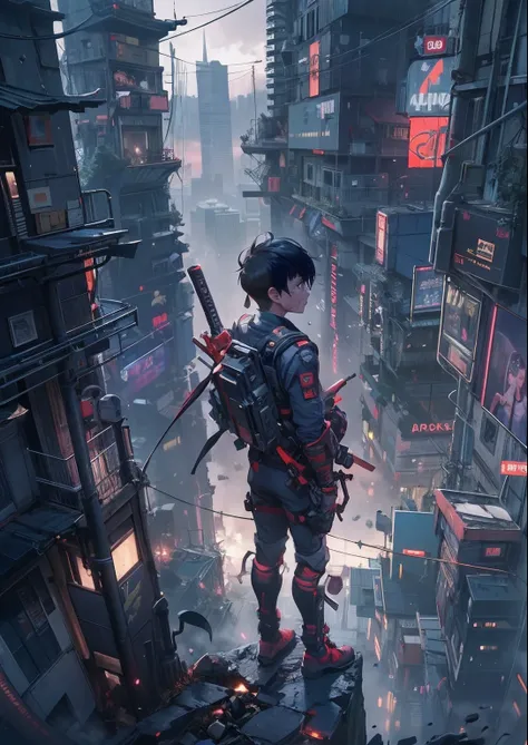 1boy,A 13-year-old boy、Cyberpunk boy、katana swords,Pointy hairstyle、vests、Bloody all over、Composite top view、back Lighting,The beginning of the adventure、Lots of clouds,Heavy fog、midnight,Darkness,The chaotic city of the future、ruined and devastated city、d...