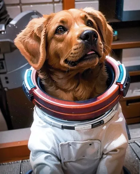 light chocolate labrador in a space suit, cosmo /(marvel/), blurred background, bright colors, soft contours, radiance,