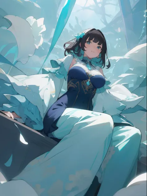 ​masterpiece, top-quality, 1girl in, The upper part of the body, sitting on, shorth hair, , A dark-haired, large full breasts、Aquamarine colored clothes, frilld、Angle from below