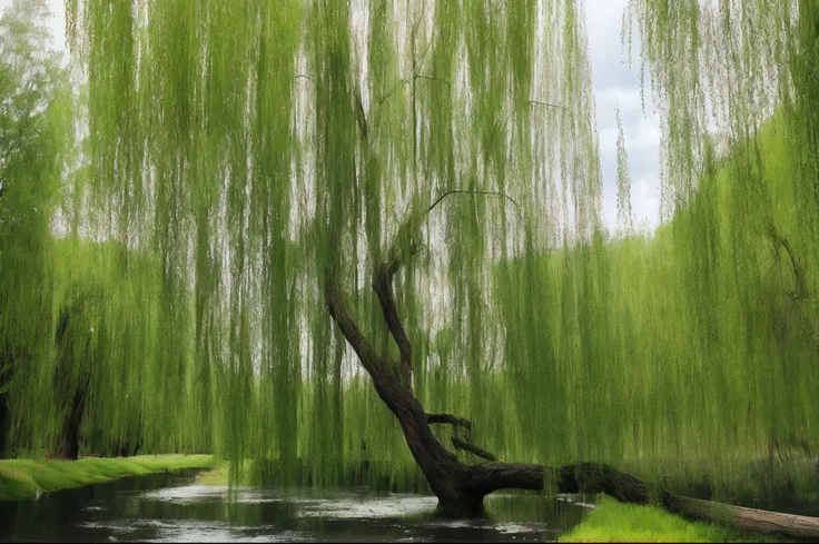 A huge willow tree, its tender green branches are incredibly green, as if they can drip water. The ends of the willow branches become extremely thin, like silk. 8K clarity, with clear details added