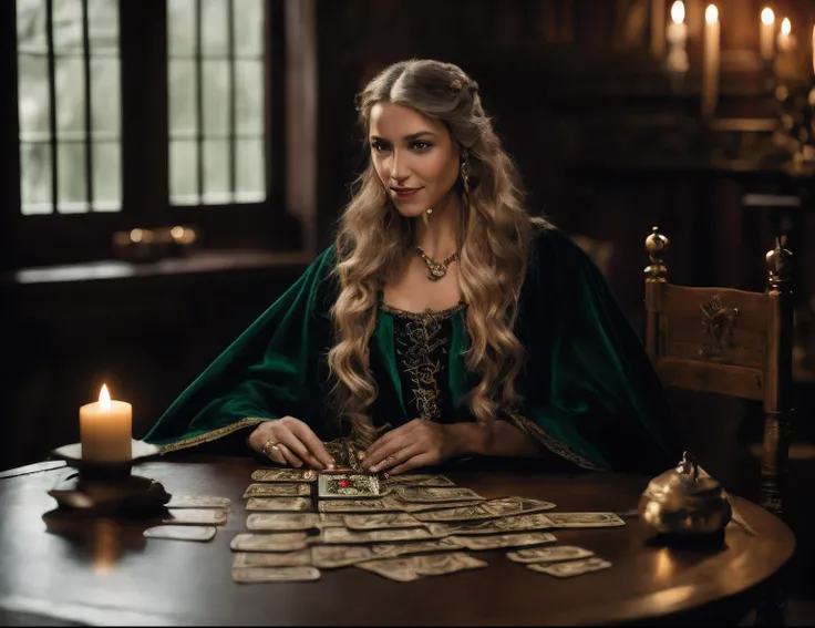 Alafed woman in medieval dress sitting at table holding card, A witch who pays the price for sin, Tarot Card Environment, gorgeous stella maeve magician, beautiful stella maeve magician, still film, Wizard to do tarot reading, dark fantasy female magician,...