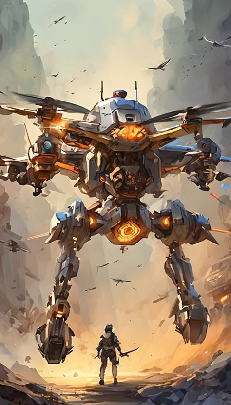 A teenager controls a quadcopter drone，in mecha style，illustration，Thrilling battles，Flight stability，Unique perspective，Dynamic graphics，Full of technology，Amazing。