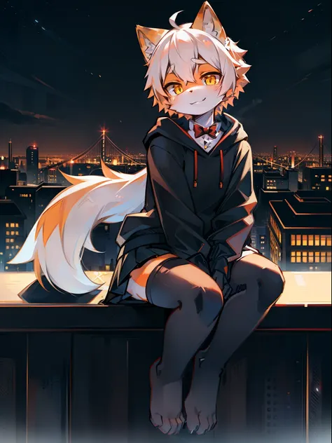 solo, kemono, femboy, orange and white hair, yellow eyes, wear black hoodie, wear black skirt, wear red bow tie, wear black stockings, hugging knees, look at camera, smile, sit on balcony, city background, night time