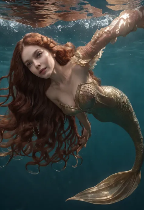 (professional 3d render:1.3) ((full body of a mermaid swimming)) (Realistic:1.3) most beautiful artwork photo in the world，(((auburn hair))), ((detailed brown eyes)), brunette, Mediterranean face, 35 years old, beautiful face, black girl,(hair floating in ...