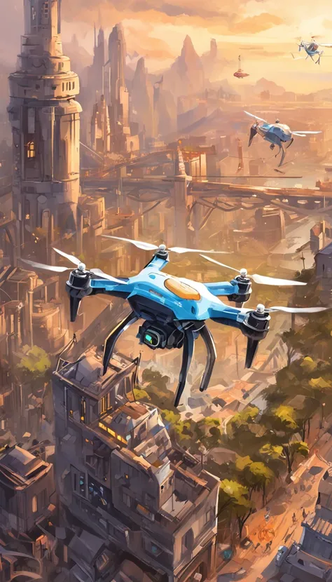 A teenager controls a quadcopter drone，cyber punk style，illustration，Thrilling battles，Flight stability，Unique perspective，Dynamic graphics，Full of technology，Amazing。