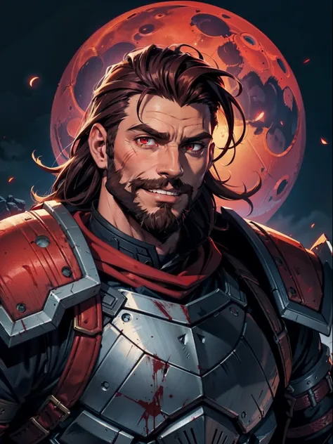 Dark night blood moon background, Darkest Dungeon style. A close up of a Todd Smith as Ares with mullet hair and a short beard. Trending on Artstation athlete, handsome, defined face, detailed eyes, short beard, glowing red eyes, brown hair, wily smile, ba...