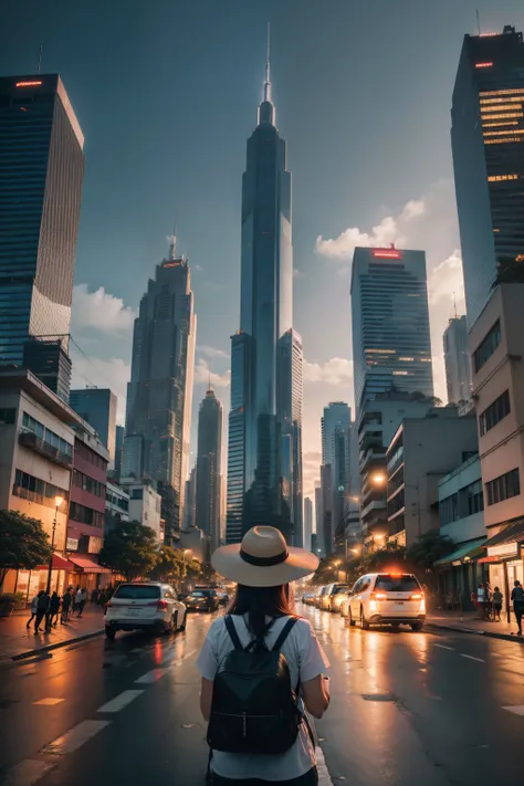 Panama City, bustling with urban life, in the heart of Central America, flanked by modern skyscrapers and historic colonial architecture, aglow with the vibrant lights of the cityscape, drawing inspiration from urban photographers like Vivian Maier, Street...