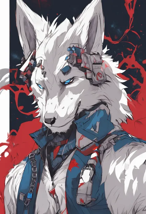 solo person，Furry，werecreature，Male white wolf，Blue fur，Blue tail，White ears，Blood-red eyes，Red collar，musculature，male people，Handsome，（The furry feeling of animal ears），cyber punk perssonage，Sweatshirt，the street，rainy days