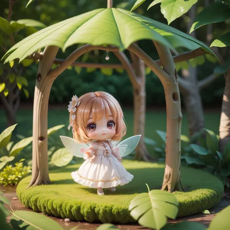 Cute Baby Chibi Anime,(((chibi 3d))) (Best Quality) (Master Price)、Chibi Fairy、fairy tale forest、shelter from the rain with large leaves,、Looking Up