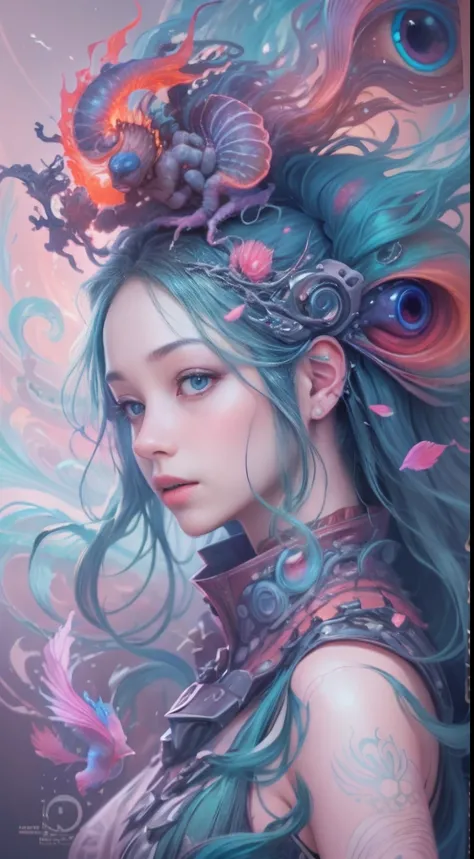 best qualtiy，tmasterpiece，超高分辨率，（photograph realistic：1.4），ultra-realistic realism，Dream-like，The beautiful blue-skinned goddess wears a phoenix peacock on her head, Nautilus, a betta fish，The creation of fantasy，Brain conch，Dream Conch，Biopunk Nautilus，Th...