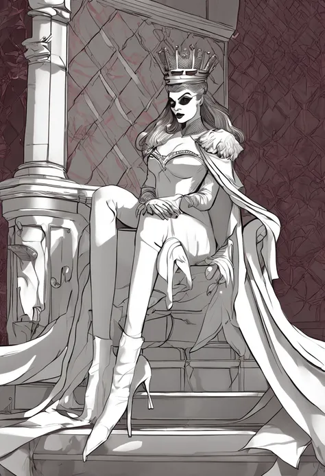 Beautiful and evil queen with a white mask，White mask，White stockings，white long gloves，Redcoat，Full body like，conservativelydressed，No shoes，unholy，Sit Pose，sitting on an royal throne，big breasts beautiful，whaite hair