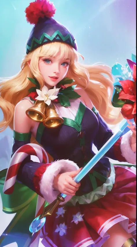 1girll, chrismast hat,（Enchanted quality：1.4），（True textured skins of the highest quality), Delicate face, Blonde hair, Gradient Hair, petite body,（perfect bodies：1.1）, There is a jewel on the forehead, rimless eyewear, PUPILS SPARKLING，long eyelasher,grin...