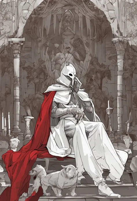 White mask，big breasts beautiful，Evil Queen，White mask，White stockings，white long gloves，Redcoat，Full body like，conservativelydressed，No shoes，unholy，Sit Pose，sitting on an royal throne，big breasts beautiful，whaite hair