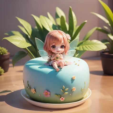 Cute Baby Chibi Anime,(((Chibi 3D))) (Best Quality) (Master Price)、(Chibi Fairy:1.3)、Sitting on a blue rose flower、specimen、houseplant、Open your mouth and smile、Jewelry Decoration Costumes