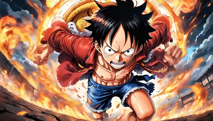 Design a gripping poster，Features Luffy as the protagonist "One Piece" In the heat of the moment. Capture the essence of his burning determination and indomitable spirit，For he unleashed his anger on his enemies. Keep it short, Bold, And strongly convey th...