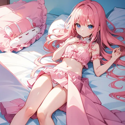 Beautiful illustration、top-quality、Cute little girl s、Bedroom、A pink-haired、long whitr hair、Pink pleated skirt，Pink sailor suit，short- sleeved、a navel、Turn up the skirt with your hands、showing white panties，、Boutique blue eyes、on top of the bed、Lovely thig...