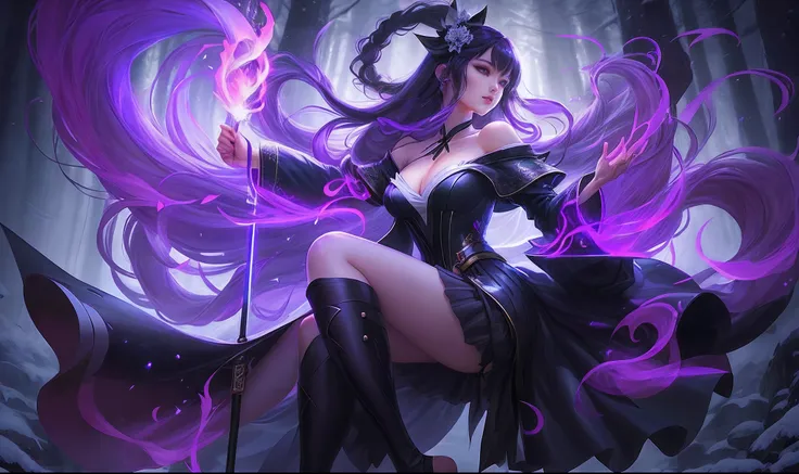 A woman dressed in black, league of legends splashart,Official Splash Art, extremely higly detailed，iconic character splash art，komono, Hanfu，Taoist uniform，Off-the-shoulder attire，shift dresses，Lolita prostitute，Motion blur, Depth of field means reflectio...