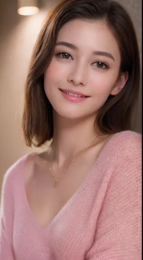 ((Night, Realistic Light, Best Quality, 8K, Masterpiece: 1.3)), 1girl, Slim Beauty: 1.4, Abs: 1.1, (Brown hair, Medium breasts: 1.3), Long pink sweater: 1.1, Bathroom, Super fine face, Delicate eyes, Double eyelids, smile, necklace