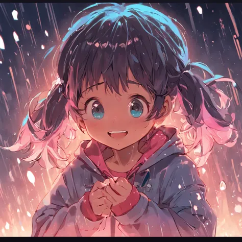 Draw an adorable little girl, sorridente, cabelos pretos, Playing in the rain with other children , tudo capturado em um desenho encantador, detalhes intrincados, High definition, 16k inspired by freehand art style, Personagem inocente e angelical, cena ma...