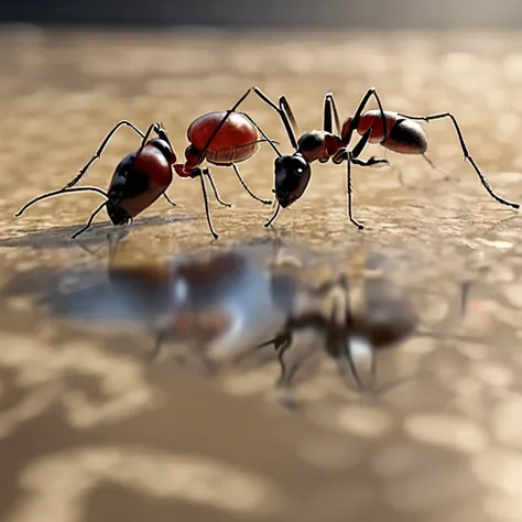 An ant looking at itself in the mirror by the stream，Uma formiga usa o fluxo como um espelho，Photographer with high angle lens，photorealistic cinematic render, cinematic 3d render, realistic cgi render, depicted as a 3D rendering