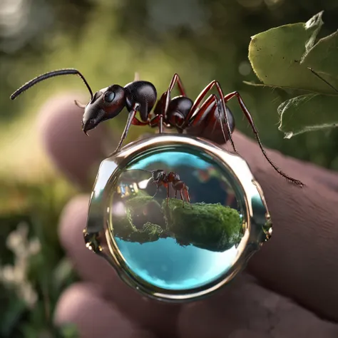 An ant looking at itself in the mirror by the stream，Uma formiga usa o fluxo como um espelho，Photographer with high angle lens，photorealistic cinematic render, cinematic 3d render, realistic cgi render, depicted as a 3D rendering