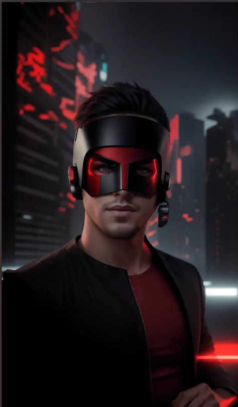 Change background cyberpunk handsome boy, realistic face,calendar pose,perfectly ,studio lighting,thematic background, Black And Red Suite, Masked,