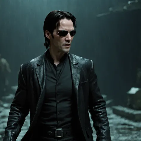 a full-length cinematic HDR still shot of Keanu Reeves as Neo fighting Agent Smith in "The Matrix" film from 1999: "Create a professional 3D render with a Realistic:1.3 approach, capturing one of the most iconic moments in cinematic history. The scene feat...