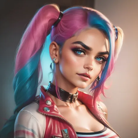 "prompt": "Describe the face of {{cute mrunalt}} as Harley Quinn, with pink and blue hair color.", "context": "mrunalts portrayal of Harley Quinn brings a captivating and distinctive face to life, accentuated by her vibrant pink and blue hair color. As Har...