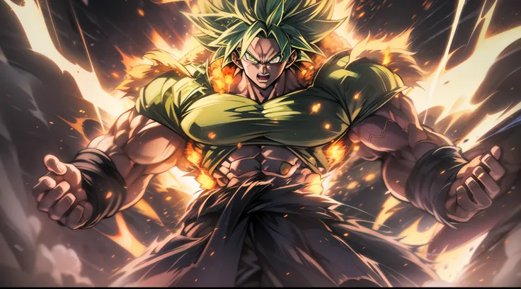 Broly transforming into the Legendary Super Sayan surrounded by green Aura and lightning full body shot big muscles charging up power, 4k, Green Hair, yellow Pupils, high details, epic, cinematic