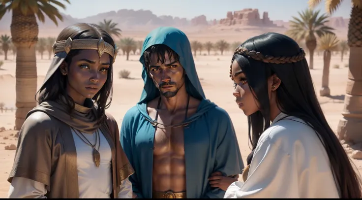 A man from biblical times in robes with two blue-eyed black girls wearing clothes from biblical times in an oasis of desert palm trees