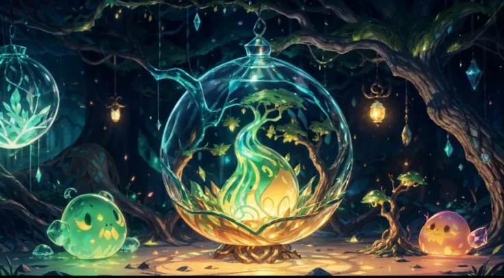 tangled twisted roots holding a glowing ornamentad crystalbowl containing shimmery slime, an island with a huge moss vulvano emerges from the slime exploding into glitter and konfetti, mythic lighting