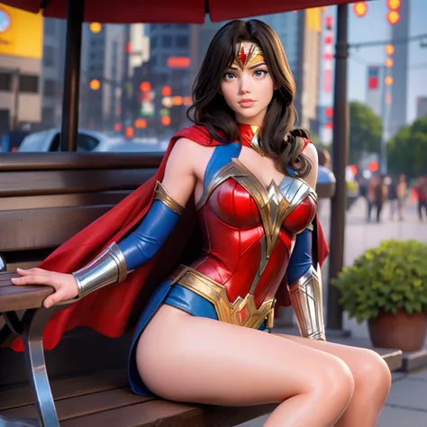 Superman as girl merge with wonder woman, sexy, sitting on bench, metropolitan background, sexy, alluring, sensual